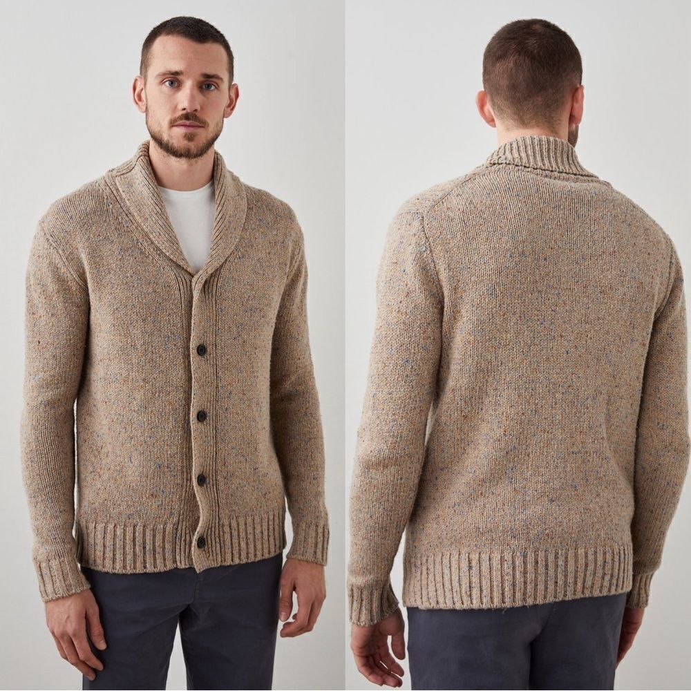 Rails Men's Shawl Collar Button-Up Sweater in Beige Heather